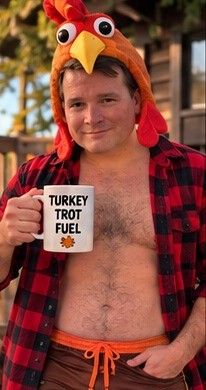 Holding a Turkey Trot Fuel mug in an open flannel